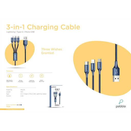 Pebble 3-in-1 Charging Cable Nylon Braided - 1 Meter