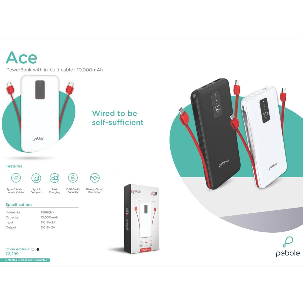 Pebble Ace PowerBank With in-built cable - 10000 mAh