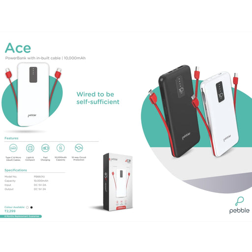 Pebble Ace PowerBank With in-built cable - 10000 mAh