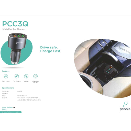 Pebble Qualcomm Ultrla 3 USB hub fast Car Charger