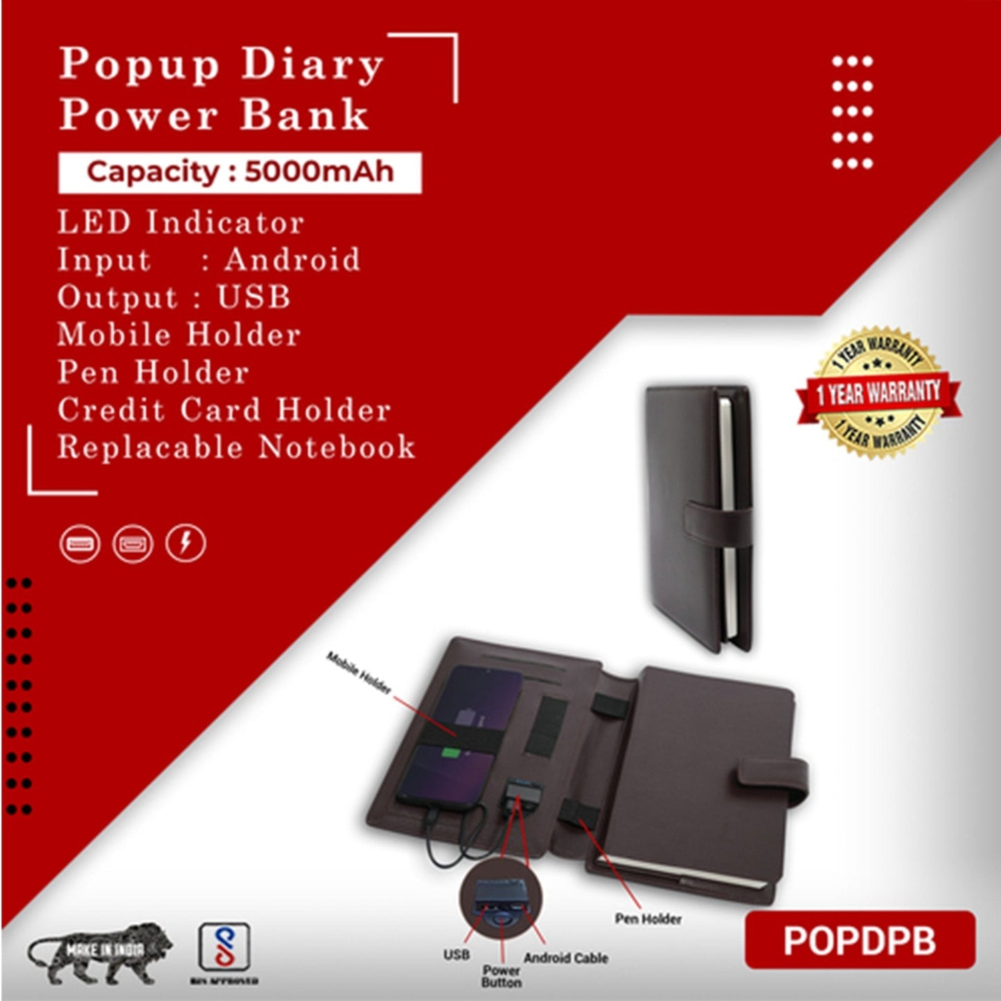 Popup Diary 5000 mAh - Dark Brown