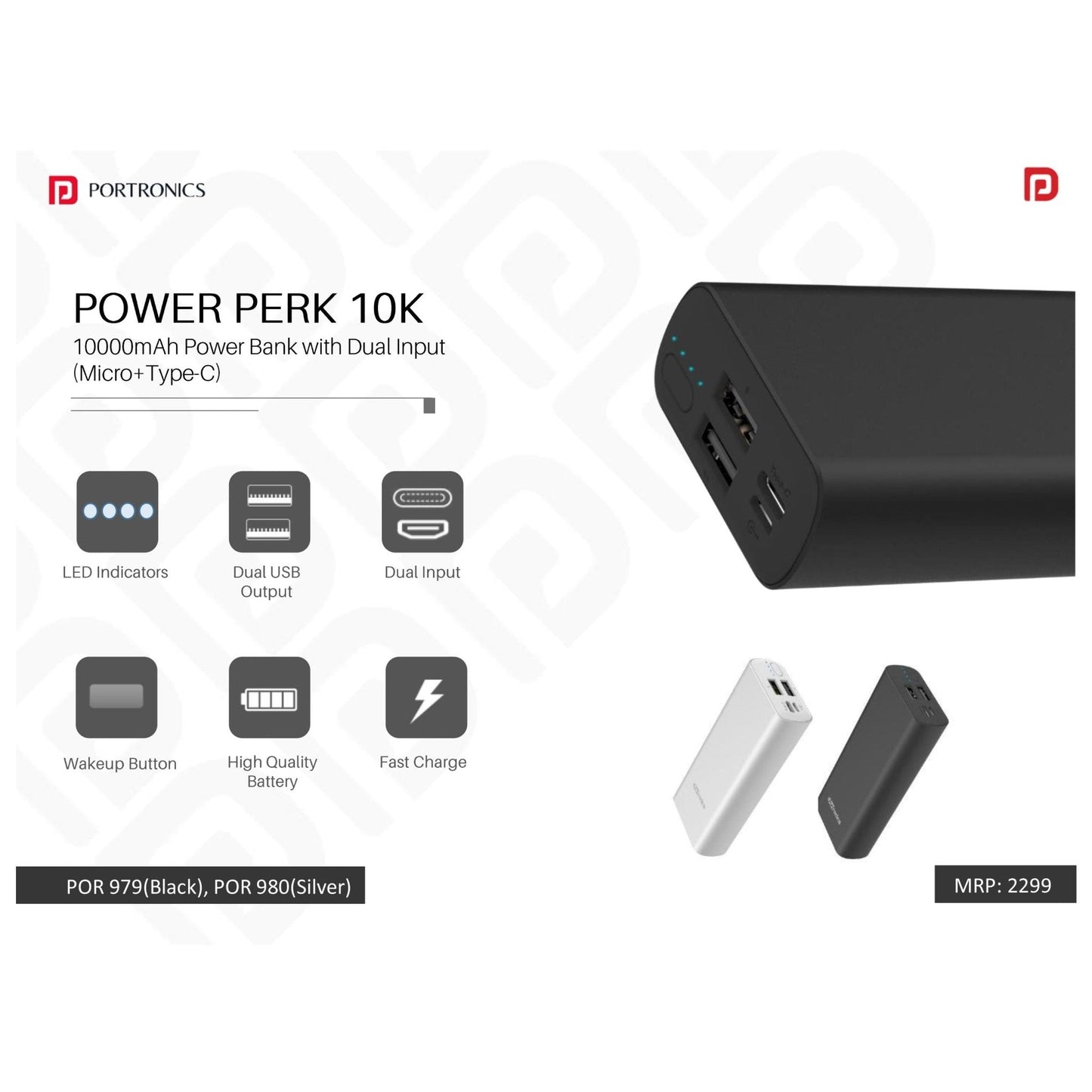 Portronics 10000mAh Power Bank with Dual Input (Micro+Type-C) - POR 979/980