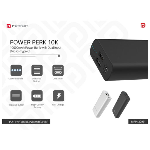 Portronics 10000mAh Power Bank with Dual Input (Micro+Type-C) - POR 979/980