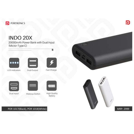 Portronics 20000mAh Power Bank with Dual Input (Micro+Type-C) - POR 1017/1018