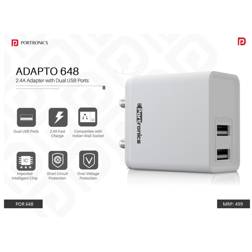 Portronics  2.4A Charger with Dual USB Ports - POR 648/649