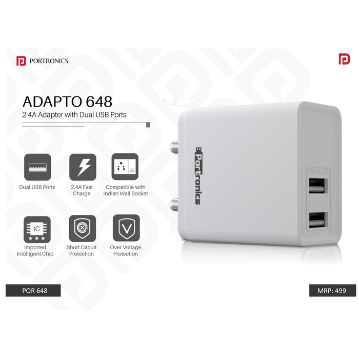 Portronics  2.4A Charger with Dual USB Ports - POR 648/649