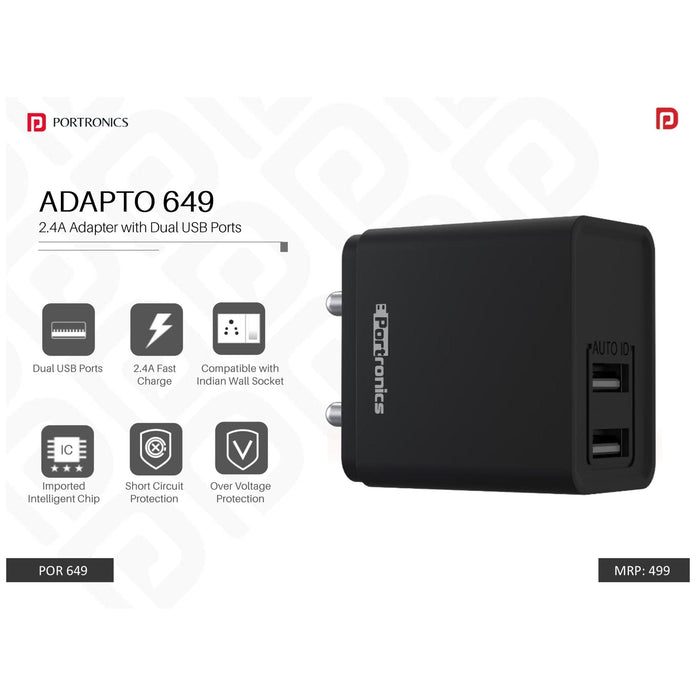 Portronics  2.4A Charger with Dual USB Ports - POR 648/649