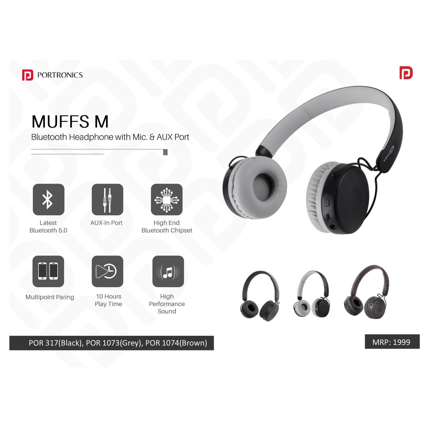 Portronics Bluetooth Headphone with Mic. & AUX Port - POR 317/1073/1074