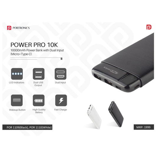 Portronics Power Pro 10K - Powerbank (Micro+Type-C) - POR 1109/1110
