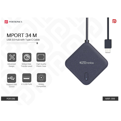 Portronics USB 3.0 HUB with Type-C Cable - POR 696