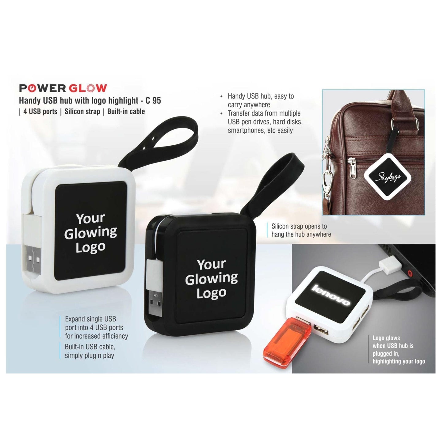 Power glow Handy USB Hub With Logo Highlight | 4 USB Ports | Silicon Strap | Built-In Cable - C 95