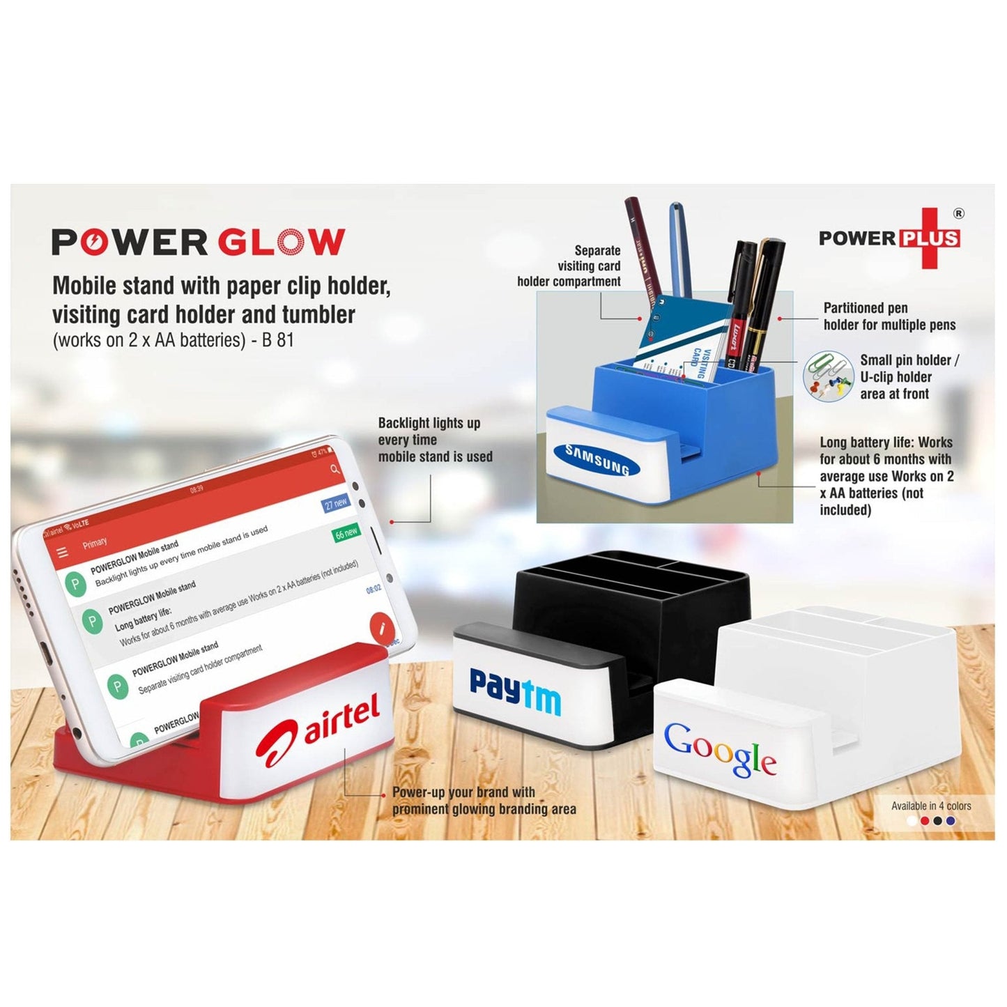 Powerglow Mobile Stand With Paper Clip Holder, Visiting Card Holder And Tumbler - B 81