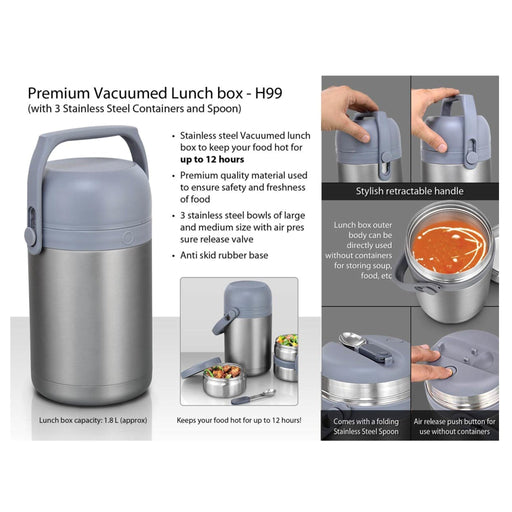 Premium SS Lunch Box With 3 SS Containers And Spoon - H99