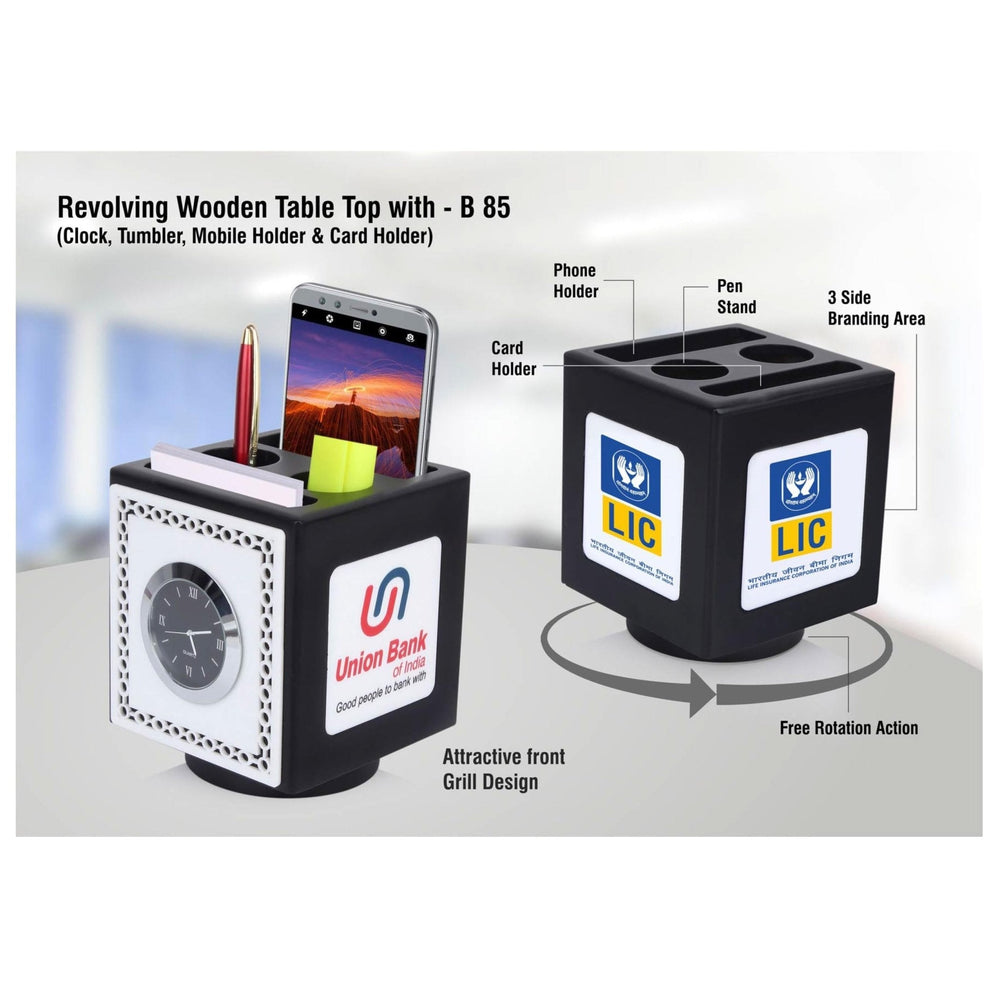Revolving Wooden Table Top With Clock, Tumbler, Mobile Holder And Card Holder - B 85