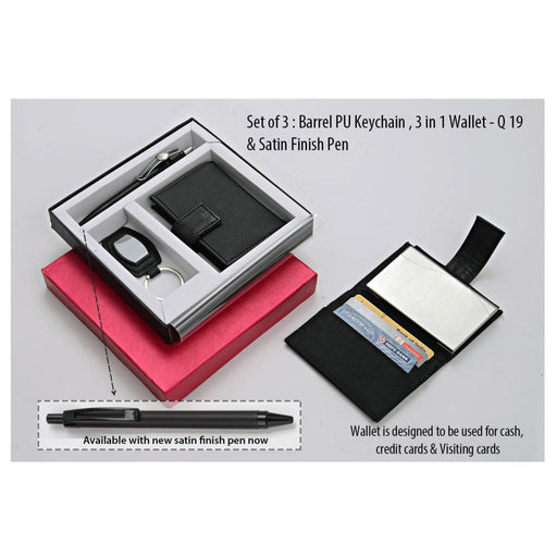 Set Of 3 : Barrel PU Keychain, 3 In 1 Wallet & Highway Satin Pen - Q19