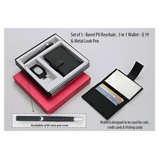 Set of 3: barrel PU Keychain, 3 in 1 Wallet - Q 19 & Metal Look Pen