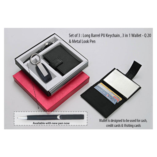 set of 3: Long Barrel PU Keychain, 3 in 1 wallet - Q 20 & Metal Look Pen