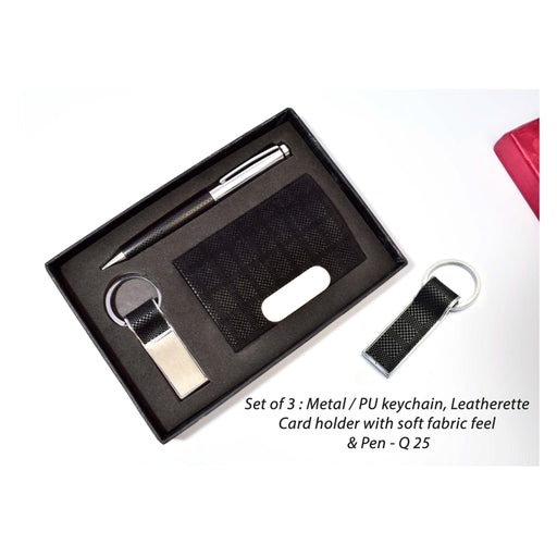 Set of 3: Metal/PU Keychain, Leatherette Card holder with soft fabric feel & Pen- Q 25