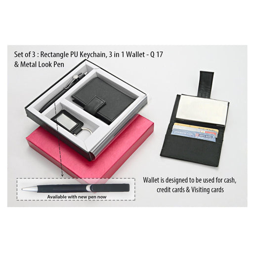 Set of 3: Rectangle PU Keychain, 3 in 1 Wallet - Q 17 & Metal Look pen