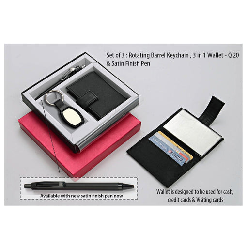 Set Of 3 : Rotating Barrel Shape Keychain, 3 In 1 Wallet & Highway Satin Pen - Q20