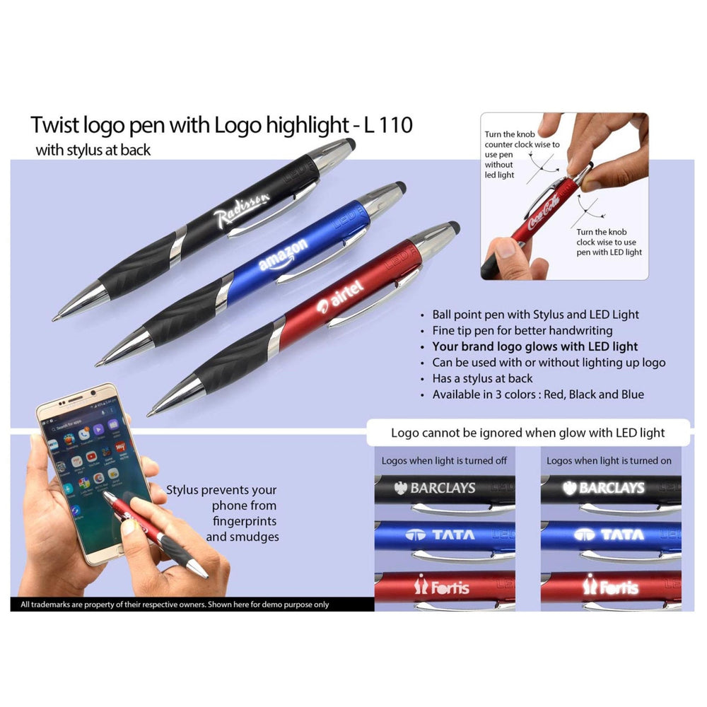 Twist Logo Pen With Logo Highlight And Stylus - L110