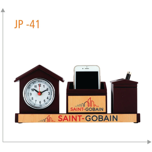 Wooden Table Clock With Pen Stand & Mobile Holder - JP 41