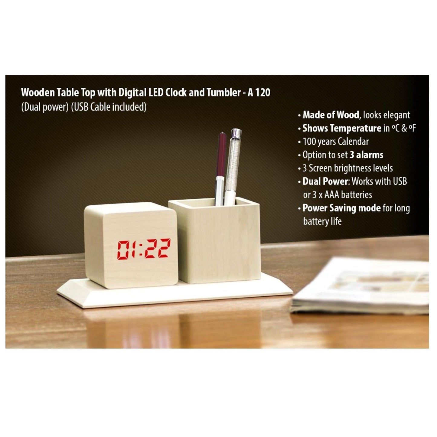 Wooden Tabletop with Digital LED Clock and Tumbler - A 120